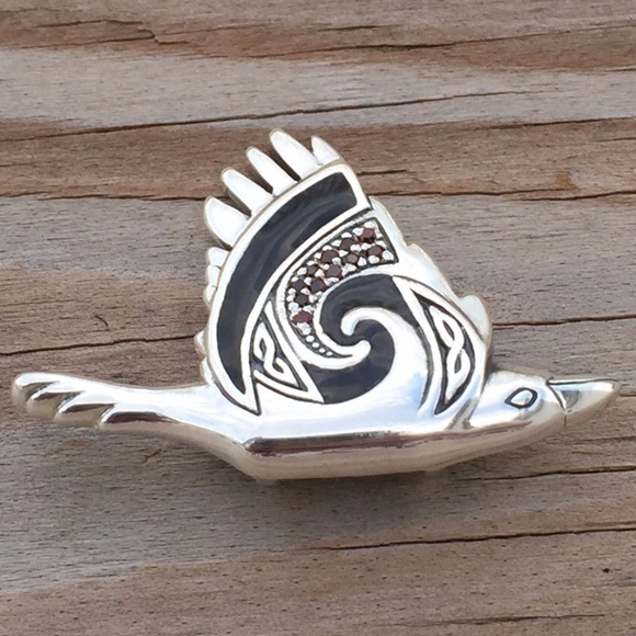 Celtic Raven Pendant solid .925 Sterling Silver w/ genuine garnets Peter Stone - Picture 6 of 8